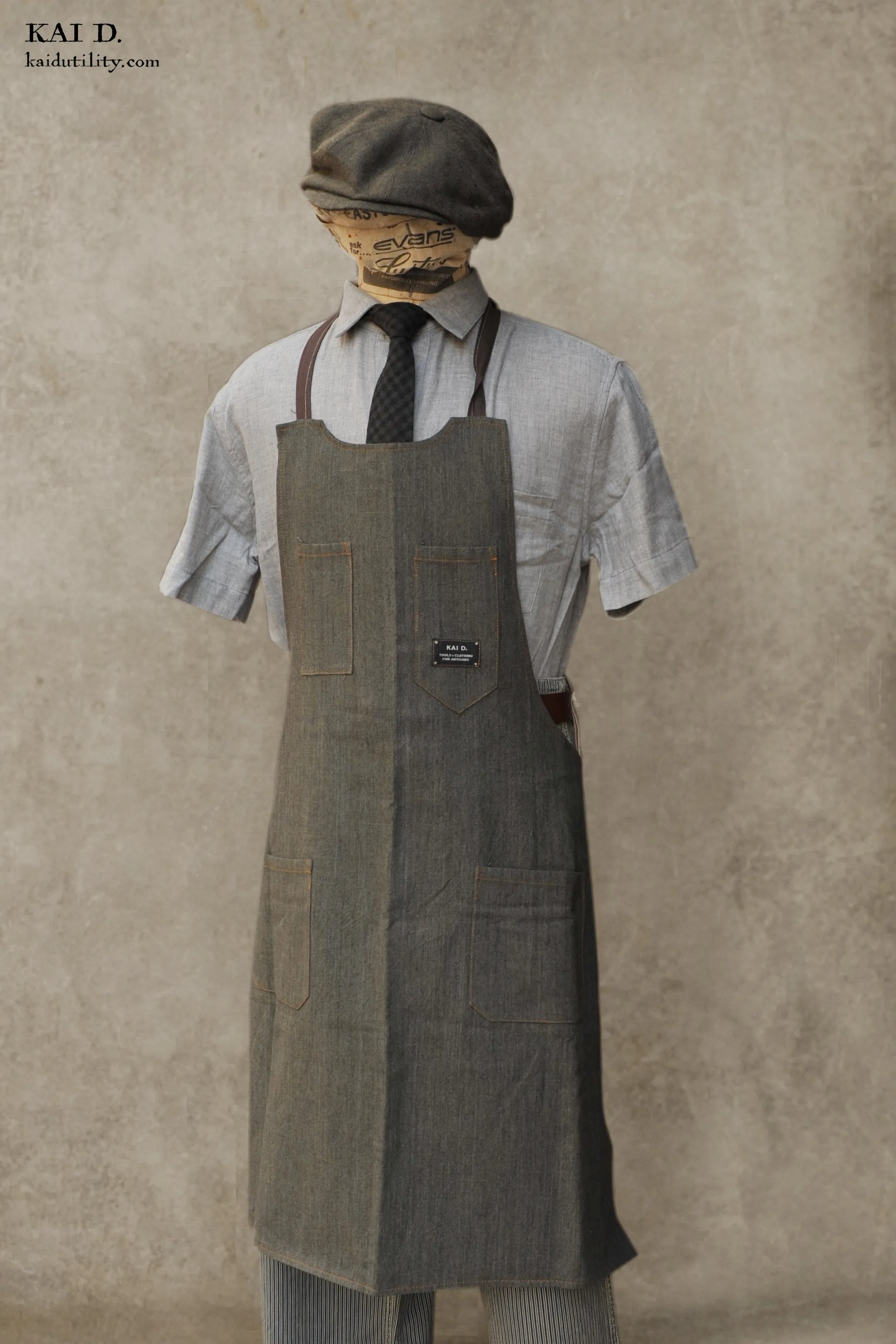 Reversible Artisan Apron - Green Grey Antique Canvas / Linen Stripe