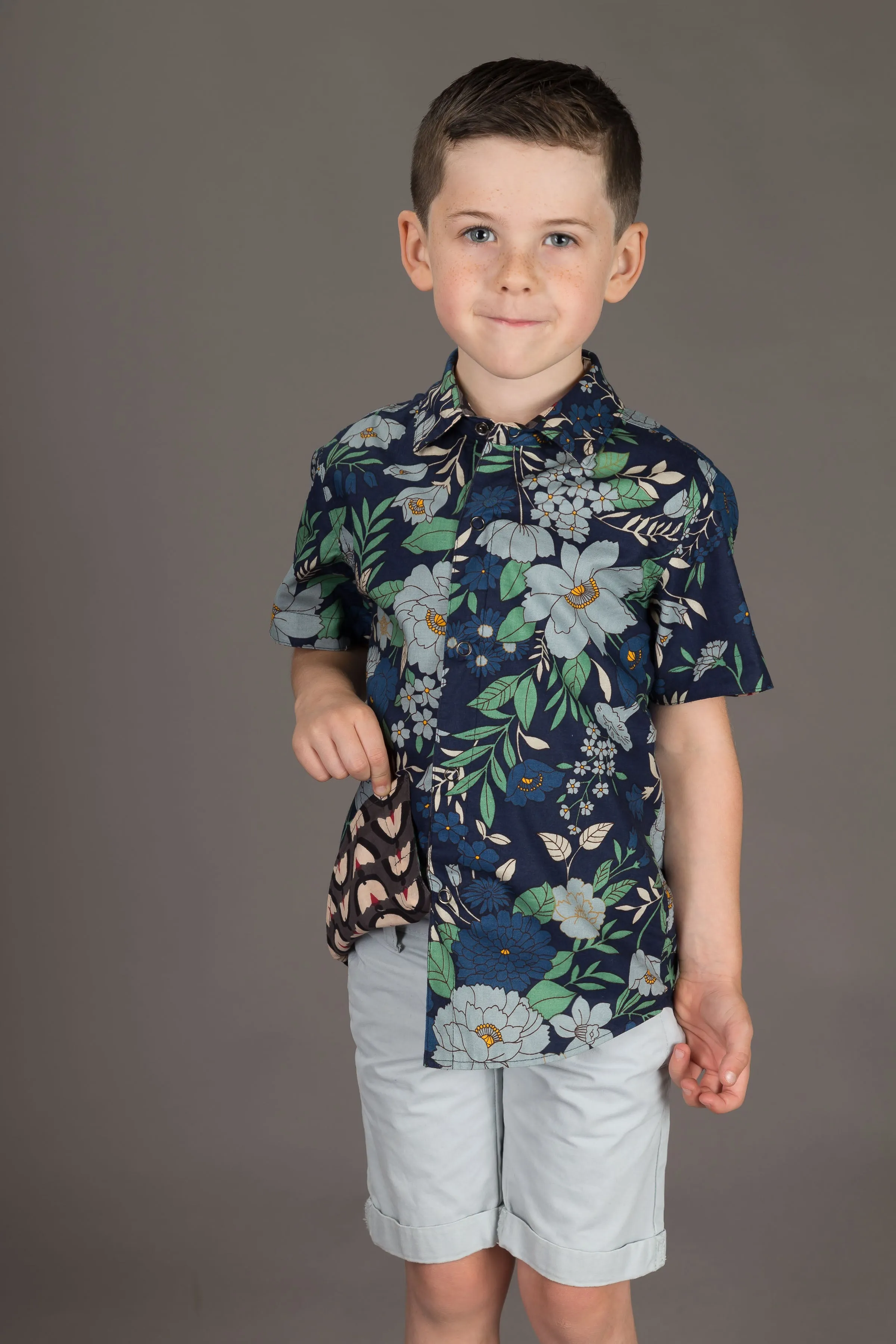 Reversible Boys Cotton Blue Floral Grey Geometric Print Short Sleeve Shirt