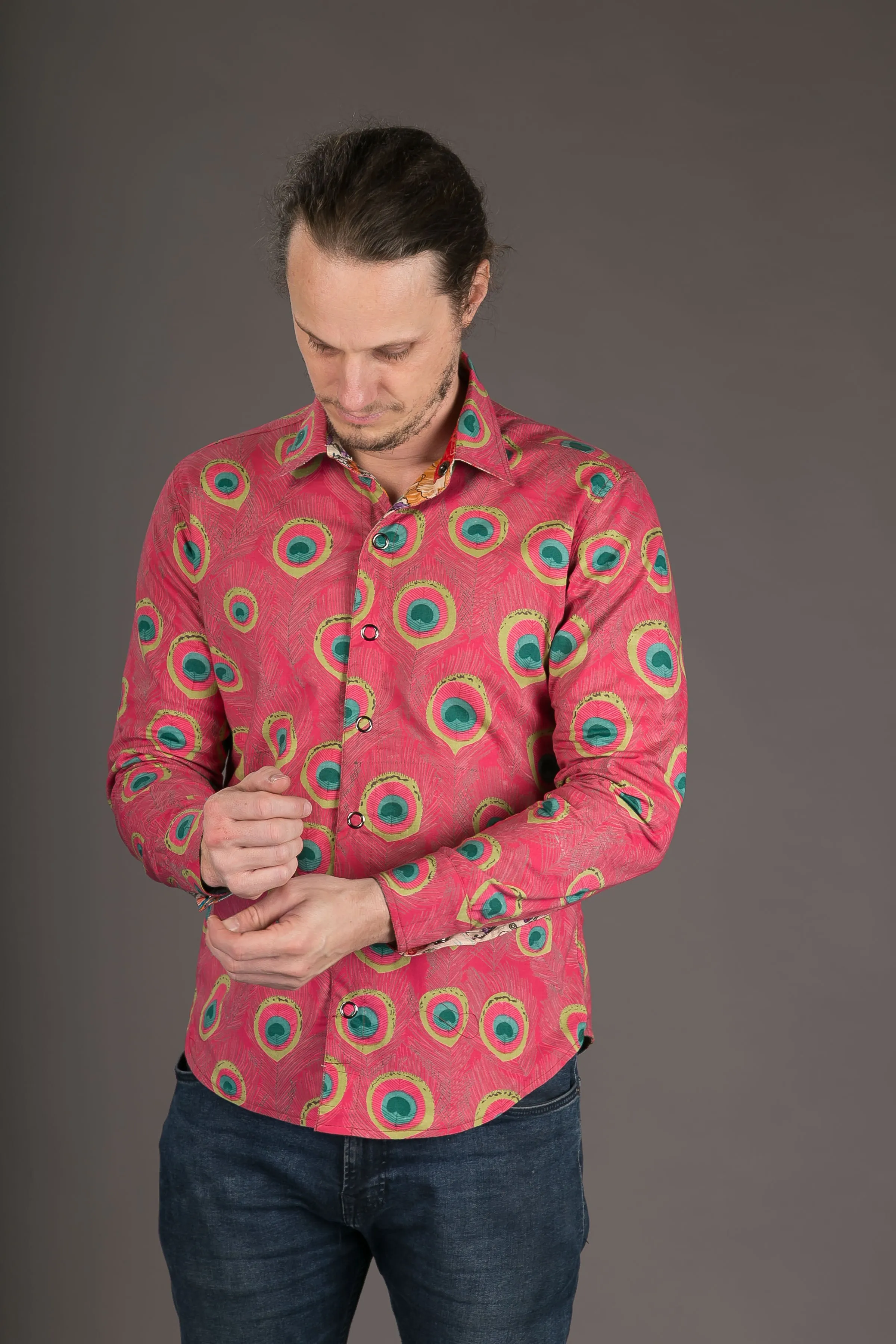 Reversible Floral Peacock Print Cotton Slim Fit Shirt