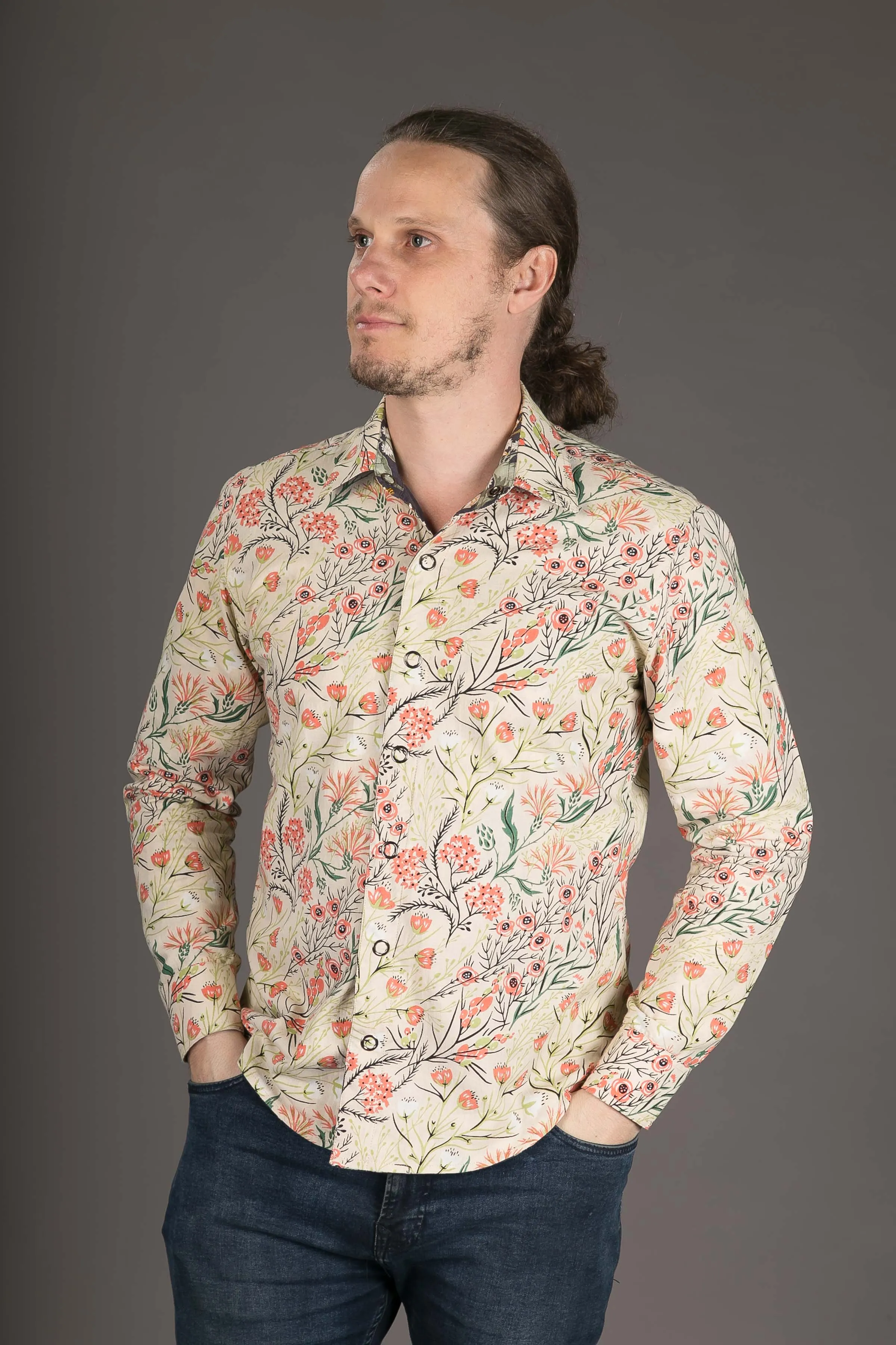 Reversible Floral Print Cotton Slim Fit Shirt