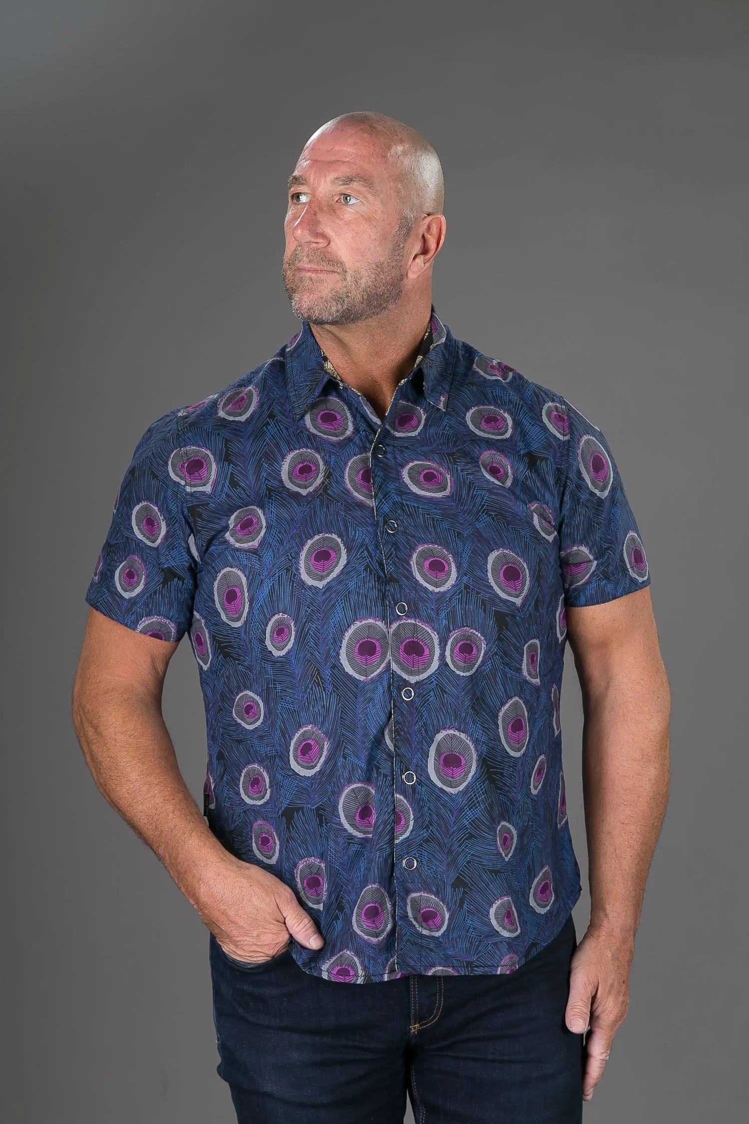 Reversible Peacock Black Print Cotton Slim Fit Mens Hawaiian Shirt Short Sleeve