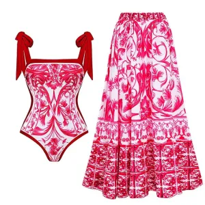 Reversible Red Pink One Piece Tie Up Swimsuit With Floral Skirt By Sinderella