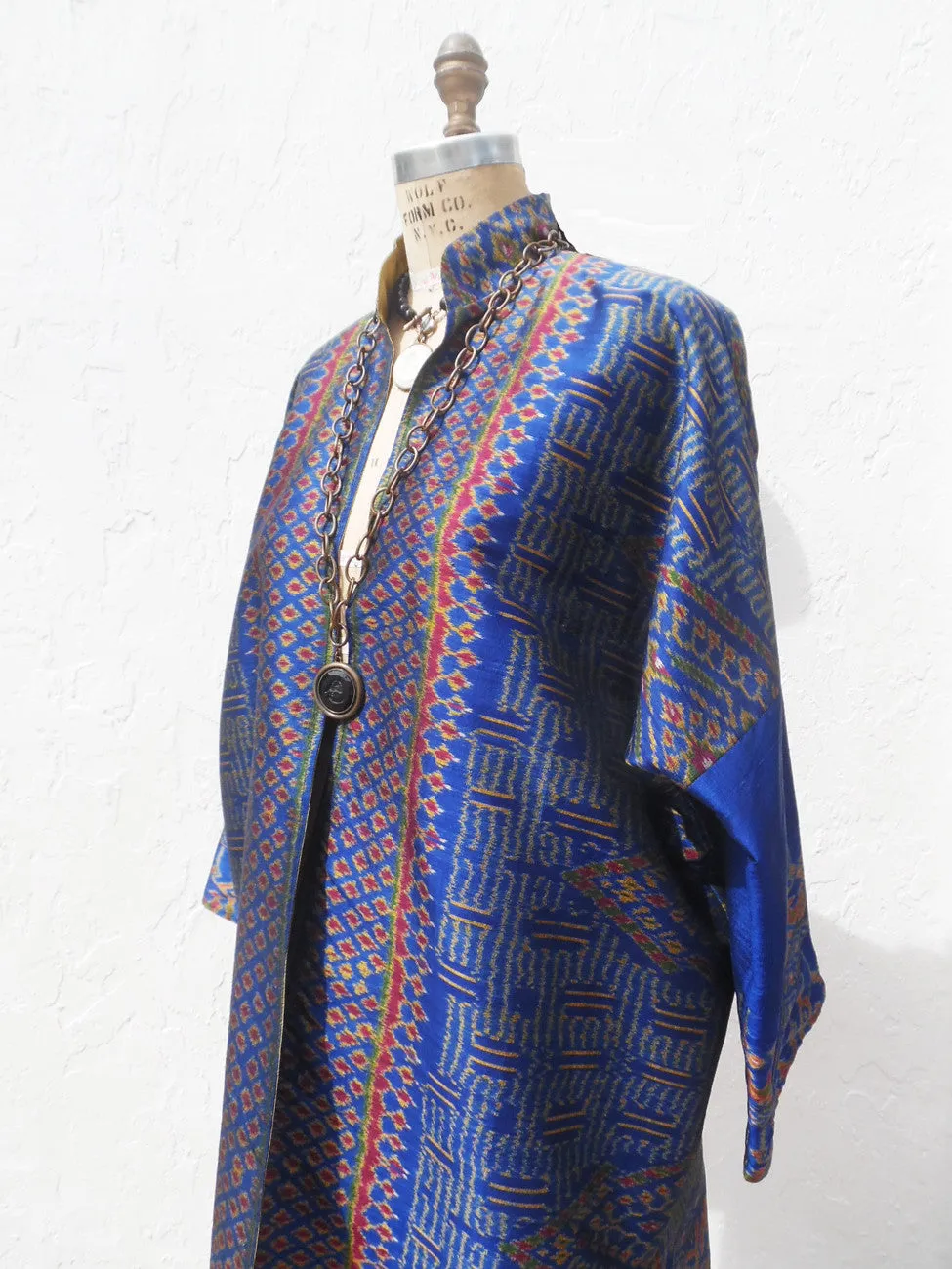 Reversible Silk Ikat Cocktail Coat Gold Royal Blue