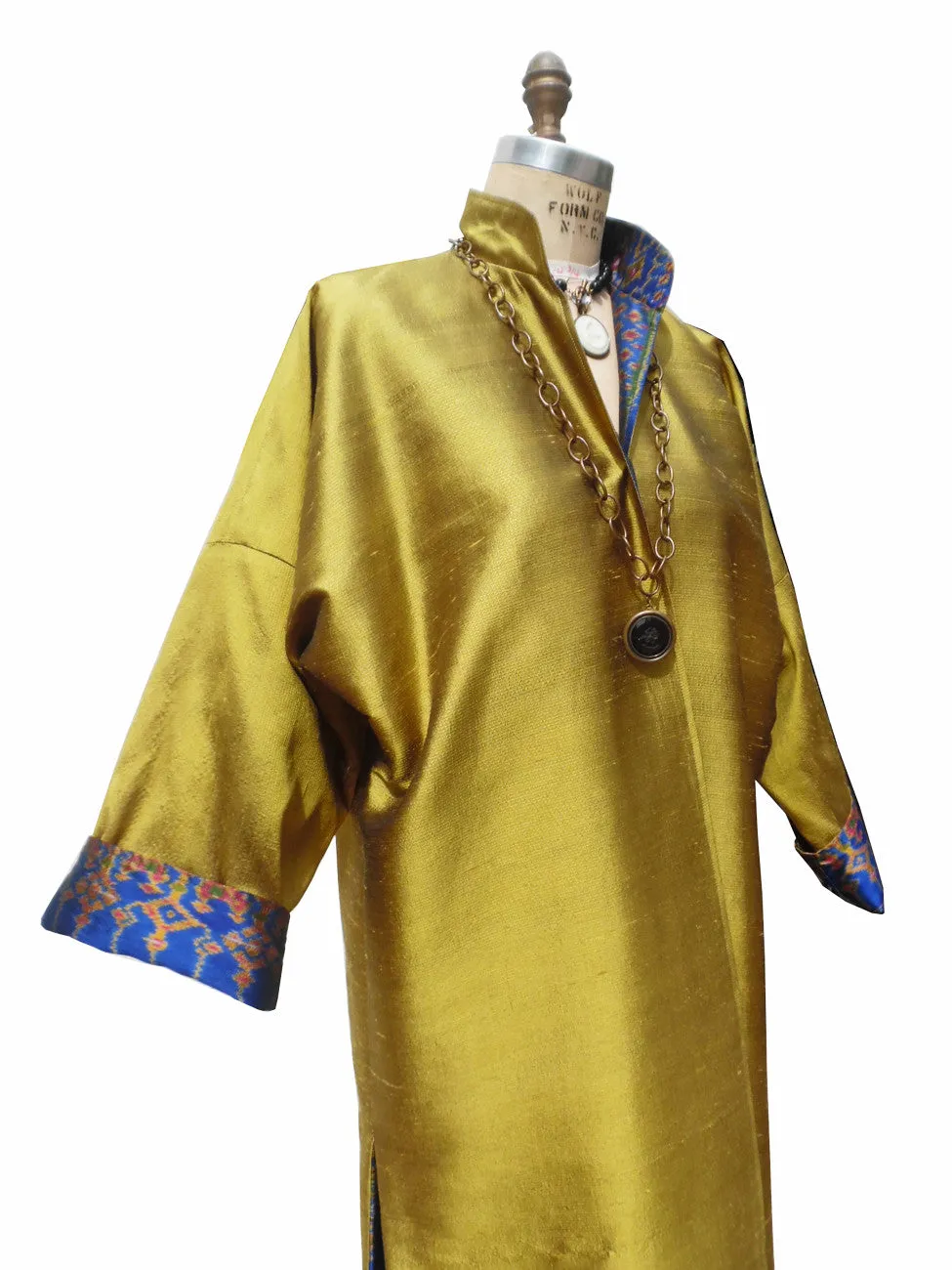 Reversible Silk Ikat Cocktail Coat Gold Royal Blue