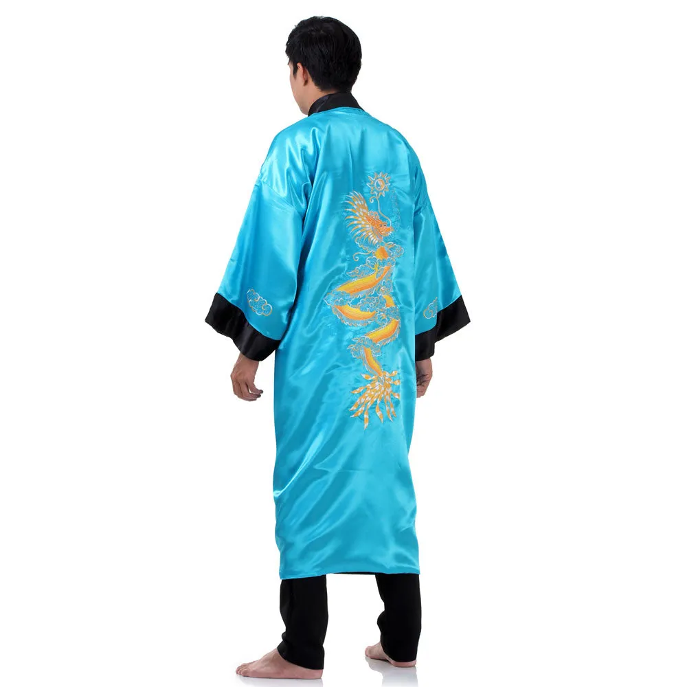 Reversible Turquoise Tianlong Dragon Kimono Robe for Men