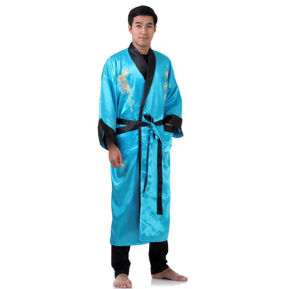 Reversible Turquoise Tianlong Dragon Kimono Robe for Men