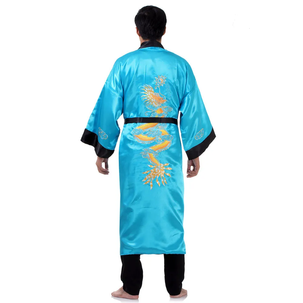 Reversible Turquoise Tianlong Dragon Kimono Robe for Men