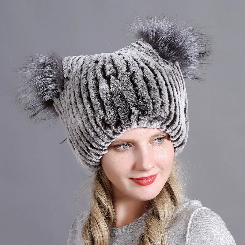 Rex rabbit fur hat ladies winter thickening warm ear protection cold cat ear hat