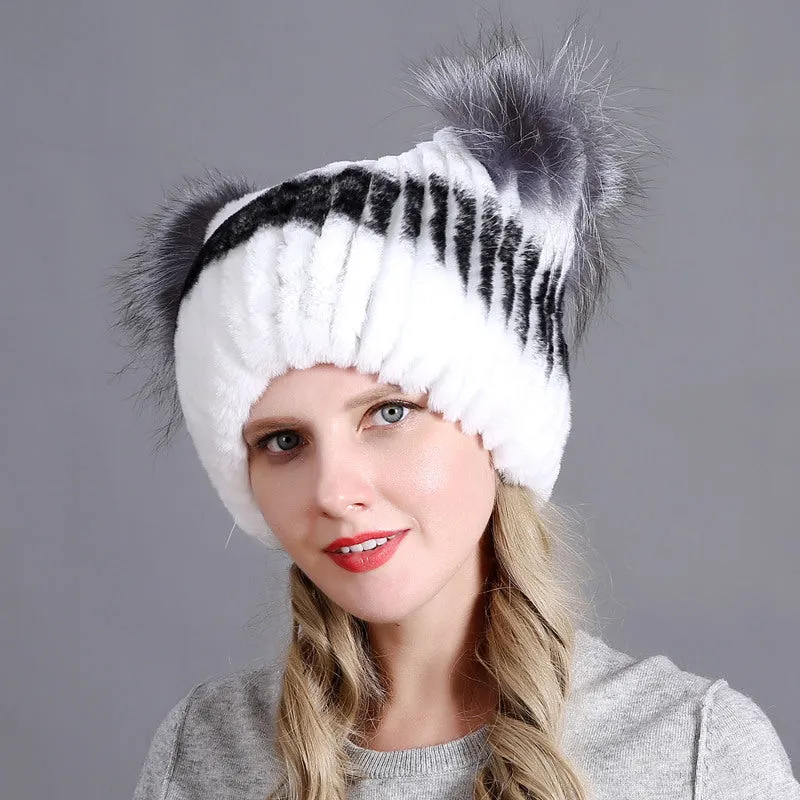 Rex rabbit fur hat ladies winter thickening warm ear protection cold cat ear hat