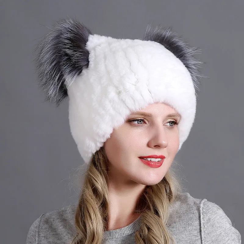 Rex rabbit fur hat ladies winter thickening warm ear protection cold cat ear hat