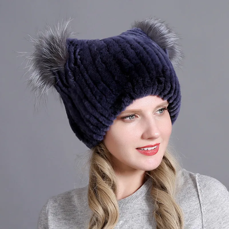 Rex rabbit fur hat ladies winter thickening warm ear protection cold cat ear hat