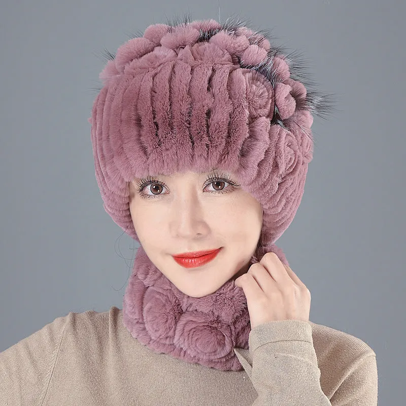 Rex Rabbit Fur Hat Women Winter Thickened Warm Ear Protection Fleece Hat Scarf Two Piece