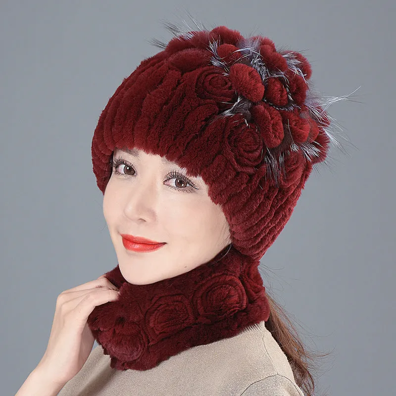 Rex Rabbit Fur Hat Women Winter Thickened Warm Ear Protection Fleece Hat Scarf Two Piece