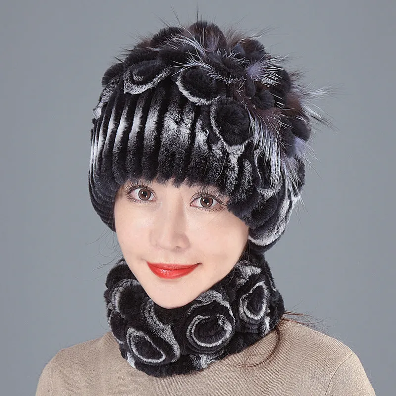 Rex Rabbit Fur Hat Women Winter Thickened Warm Ear Protection Fleece Hat Scarf Two Piece