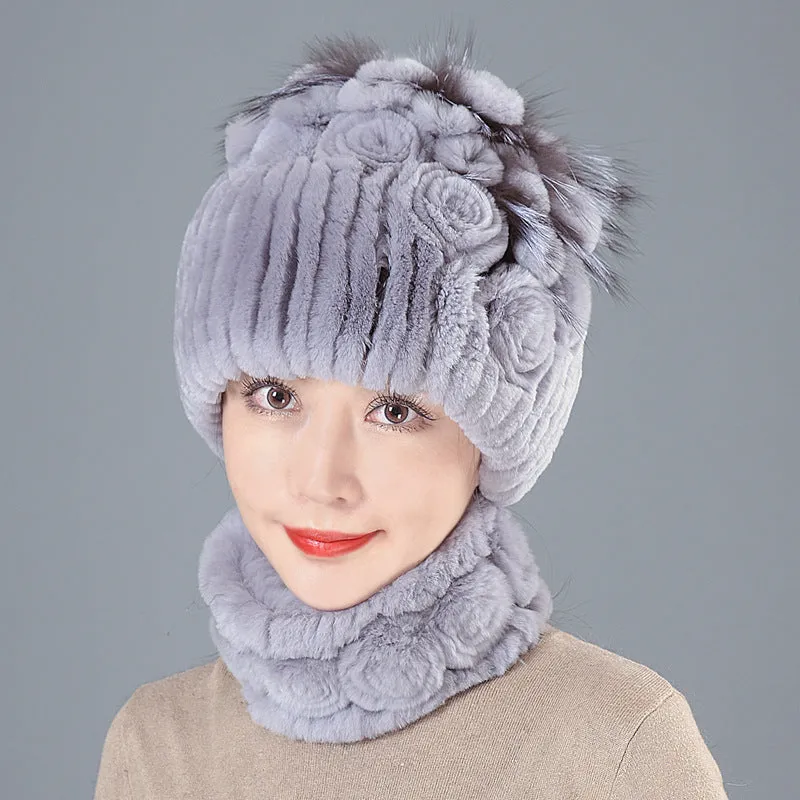 Rex Rabbit Fur Hat Women Winter Thickened Warm Ear Protection Fleece Hat Scarf Two Piece