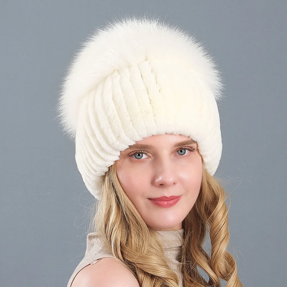 Rex Rabbit Hair Winter Hat Children's Fox Hair Thickened Warm Knitted Ear Protection Leather Straw Hat in Winter