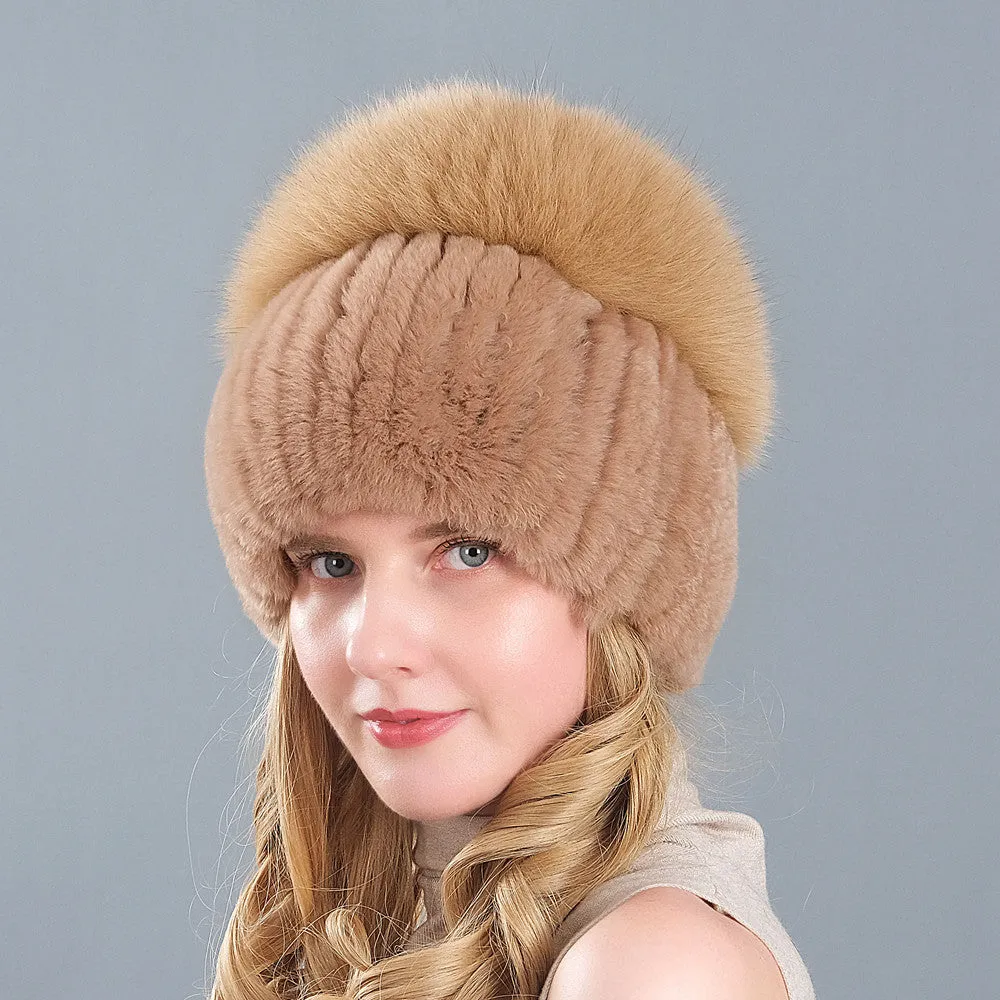 Rex Rabbit Hair Winter Hat Children's Fox Hair Thickened Warm Knitted Ear Protection Leather Straw Hat in Winter