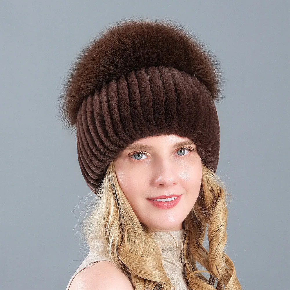 Rex Rabbit Hair Winter Hat Children's Fox Hair Thickened Warm Knitted Ear Protection Leather Straw Hat in Winter