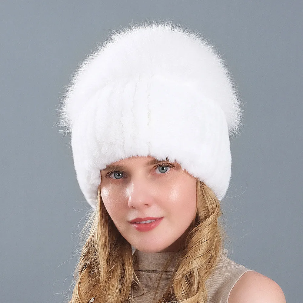 Rex Rabbit Hair Winter Hat Children's Fox Hair Thickened Warm Knitted Ear Protection Leather Straw Hat in Winter