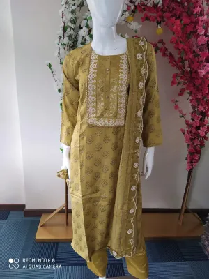 RFSS1134 - Muslin Silk Kurta in Sage Green. Comes with Straight pants and Dupatta