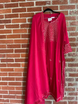 RFSS1158 - Full Suit in Soft Linen Cotton in Red with Sequin Embroidery work on Yoke. Comes with Balloon pants and Mul Cotton Dupatta