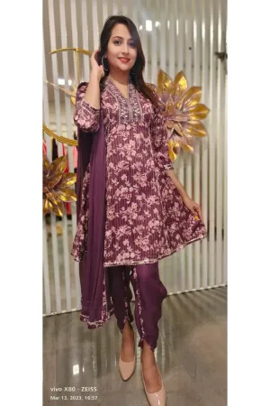 RFSS1420 - muslin floral print embroided kurta with tulip pants and dupatta