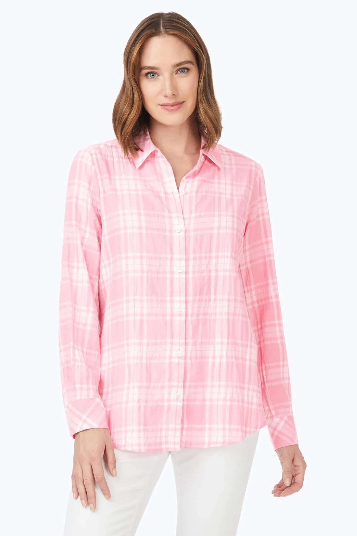 Rhea Puckered Spring Plaid Shirt, Pink