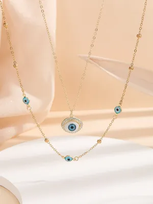 Rhinestone Decor Evil Eye Charm Layered Necklace Jewelry for Women Gift for Her