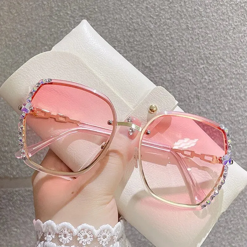 Rhinestone Decor Rimless Fashion Sunglasses For Women Men Casual Gradient Glasses For Summer Beach Party, UV400