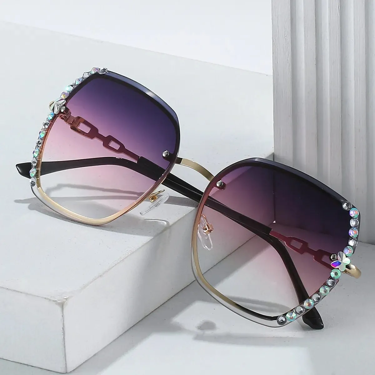 Rhinestone Decor Rimless Fashion Sunglasses For Women Men Casual Gradient Glasses For Summer Beach Party, UV400