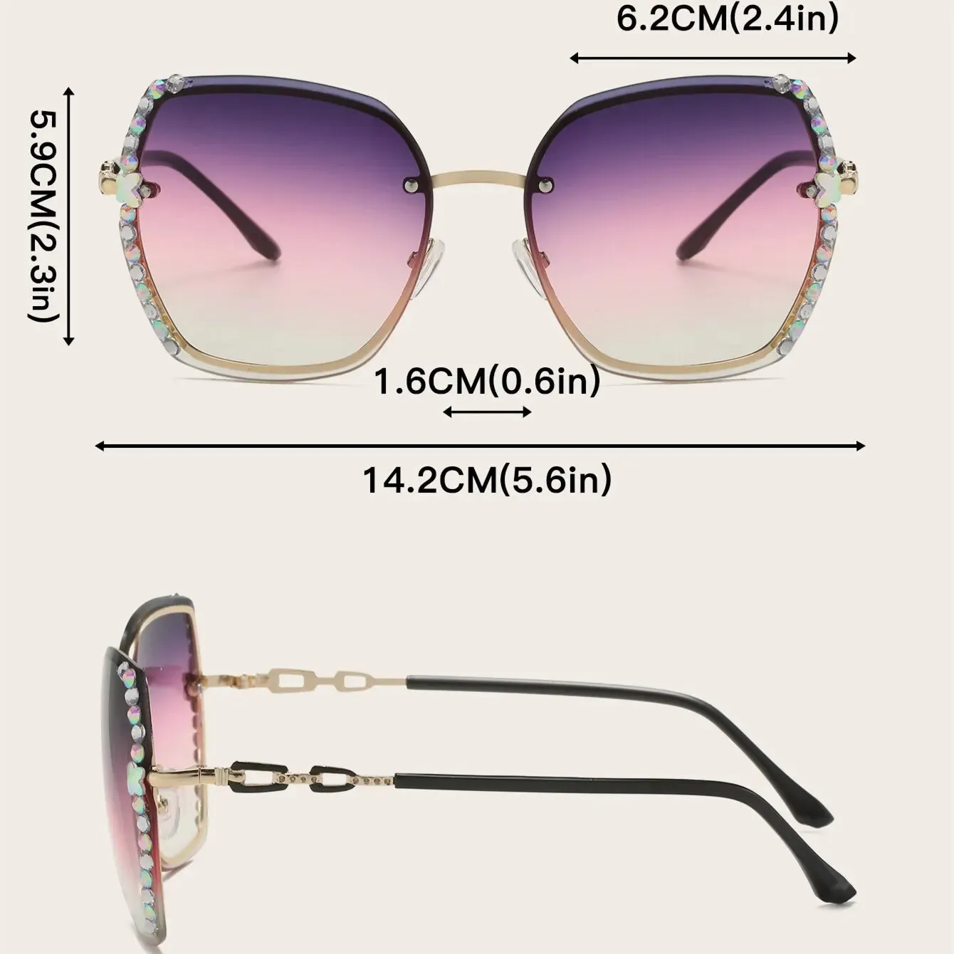 Rhinestone Decor Rimless Fashion Sunglasses For Women Men Casual Gradient Glasses For Summer Beach Party, UV400