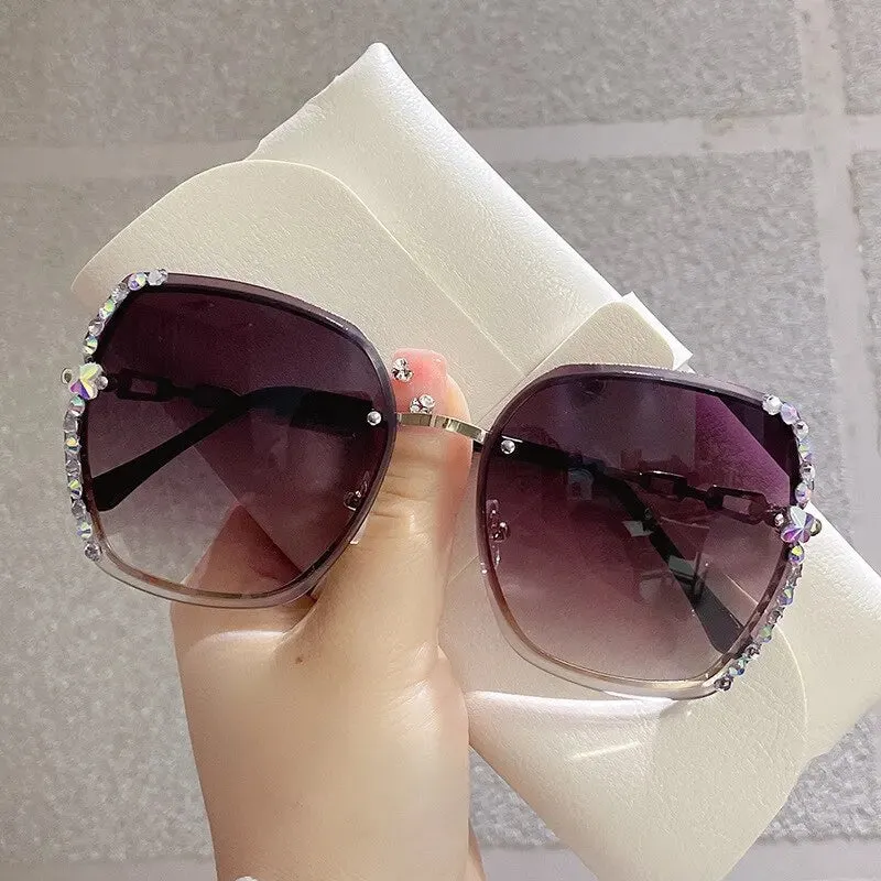 Rhinestone Decor Rimless Fashion Sunglasses For Women Men Casual Gradient Glasses For Summer Beach Party, UV400