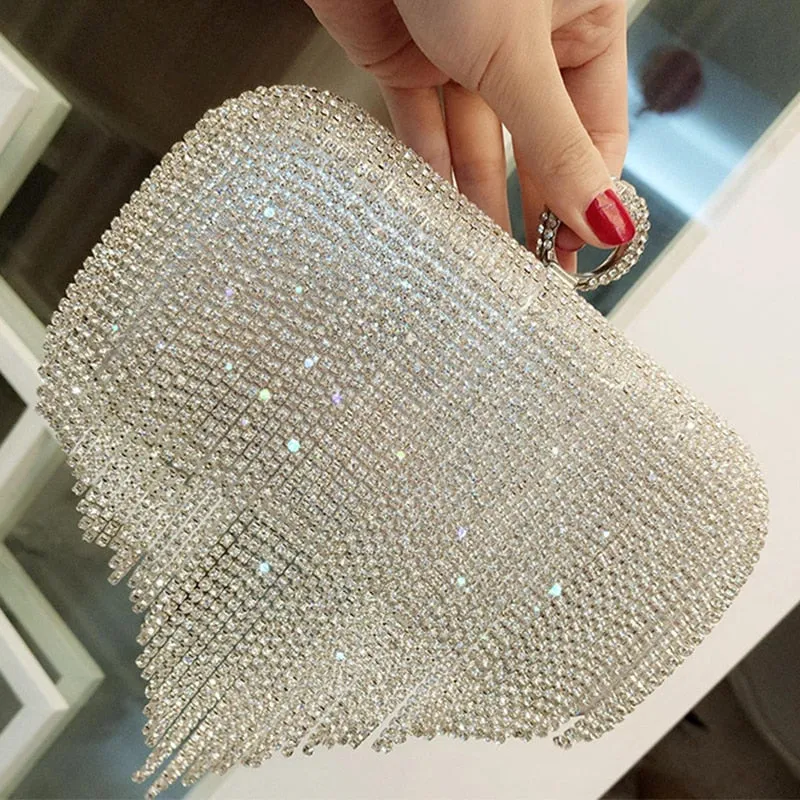 Rhinestone Evening Clutch-Purse Luxury Design with Small Silver Shoulder Chain