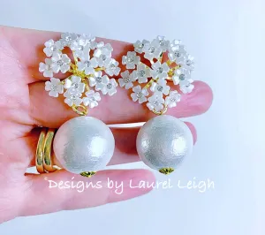 Rhinestone Hydrangea Blossom Pearl Drop Earrings