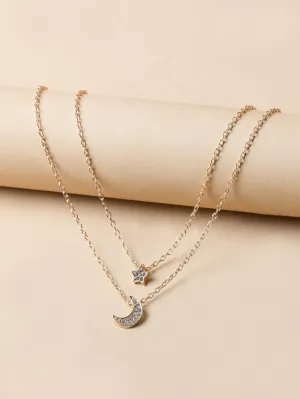 Rhinestone Moon & Star Charm Necklace for Women Girls Accessories Jewelry Gifts