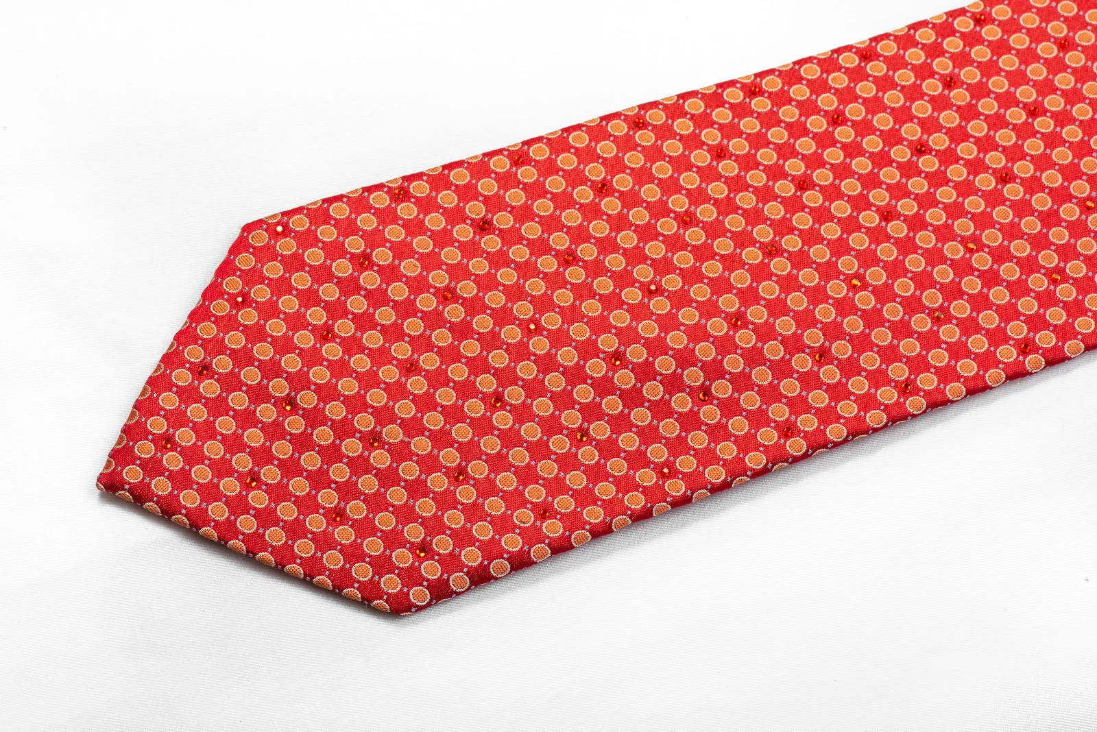 Rhinestone Necktie Orange Dots On Red Silk