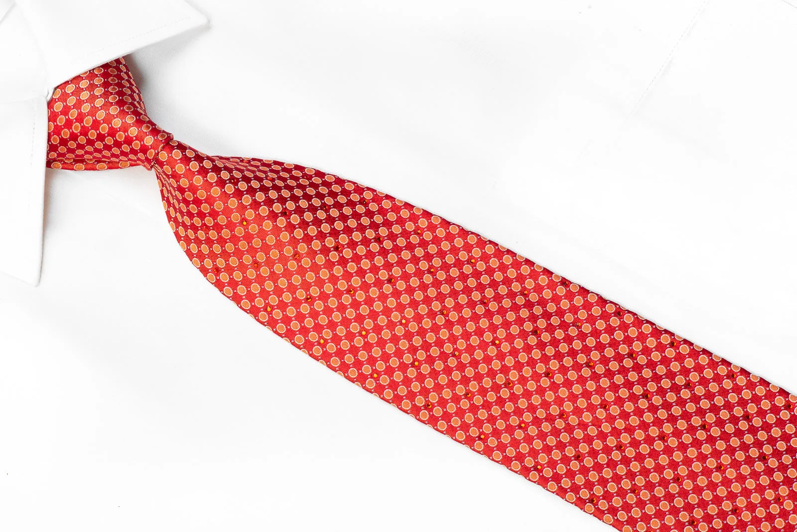 Rhinestone Necktie Orange Dots On Red Silk