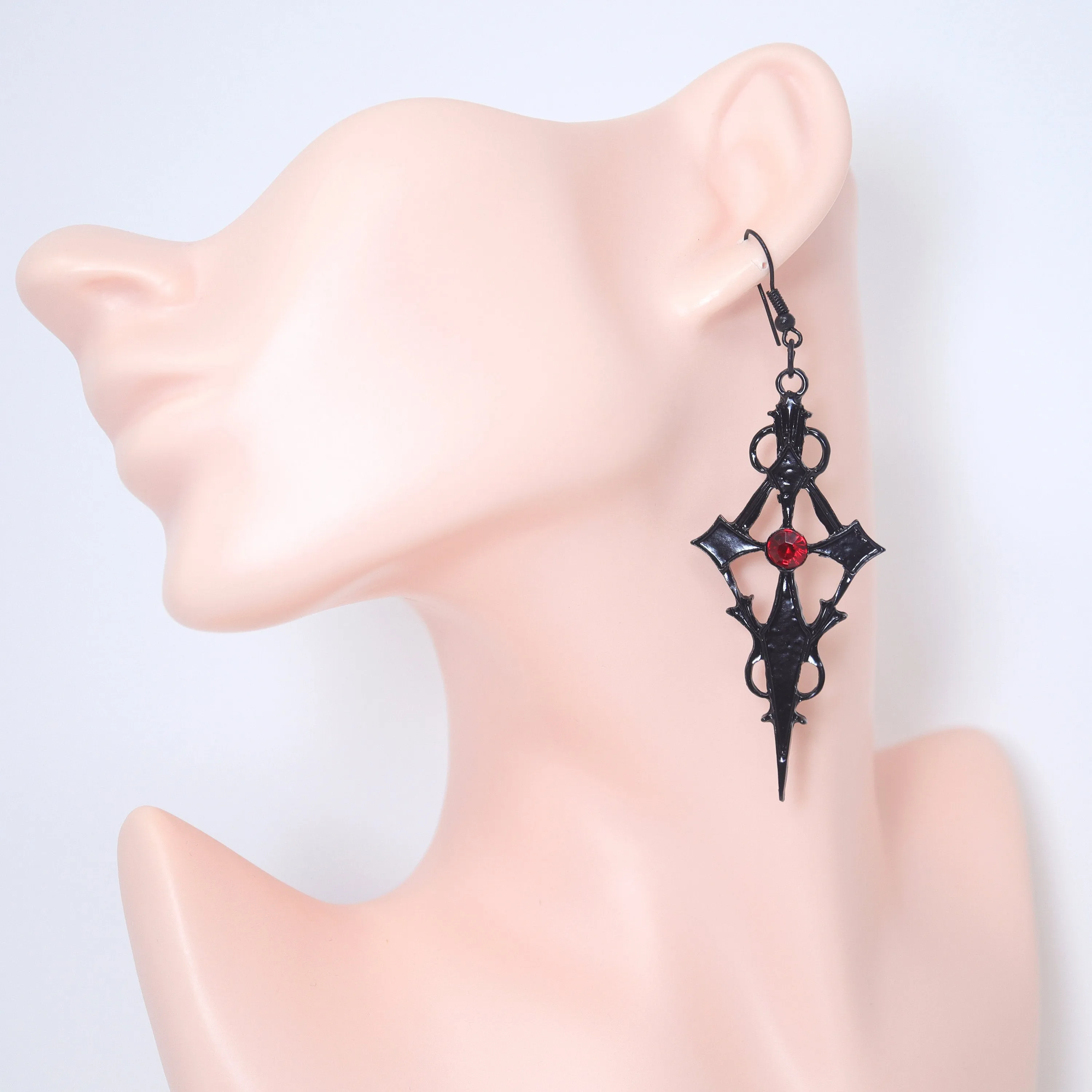 Rhinestone Red Black Cross Halloween Earrings, Long Cross Halloween Earrings, Scary Statement earrings.