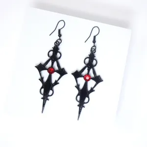 Rhinestone Red Black Cross Halloween Earrings, Long Cross Halloween Earrings, Scary Statement earrings.