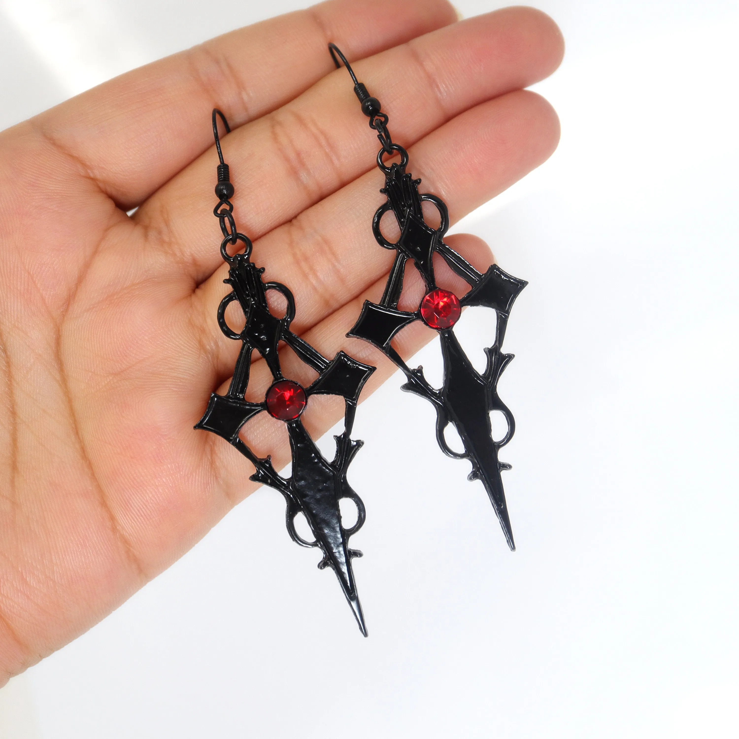 Rhinestone Red Black Cross Halloween Earrings, Long Cross Halloween Earrings, Scary Statement earrings.