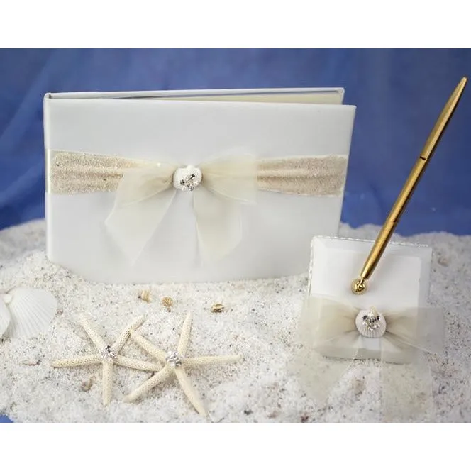 Rhinestone Shell Hawaiian Beach Wedding Guestbook and Pen Set