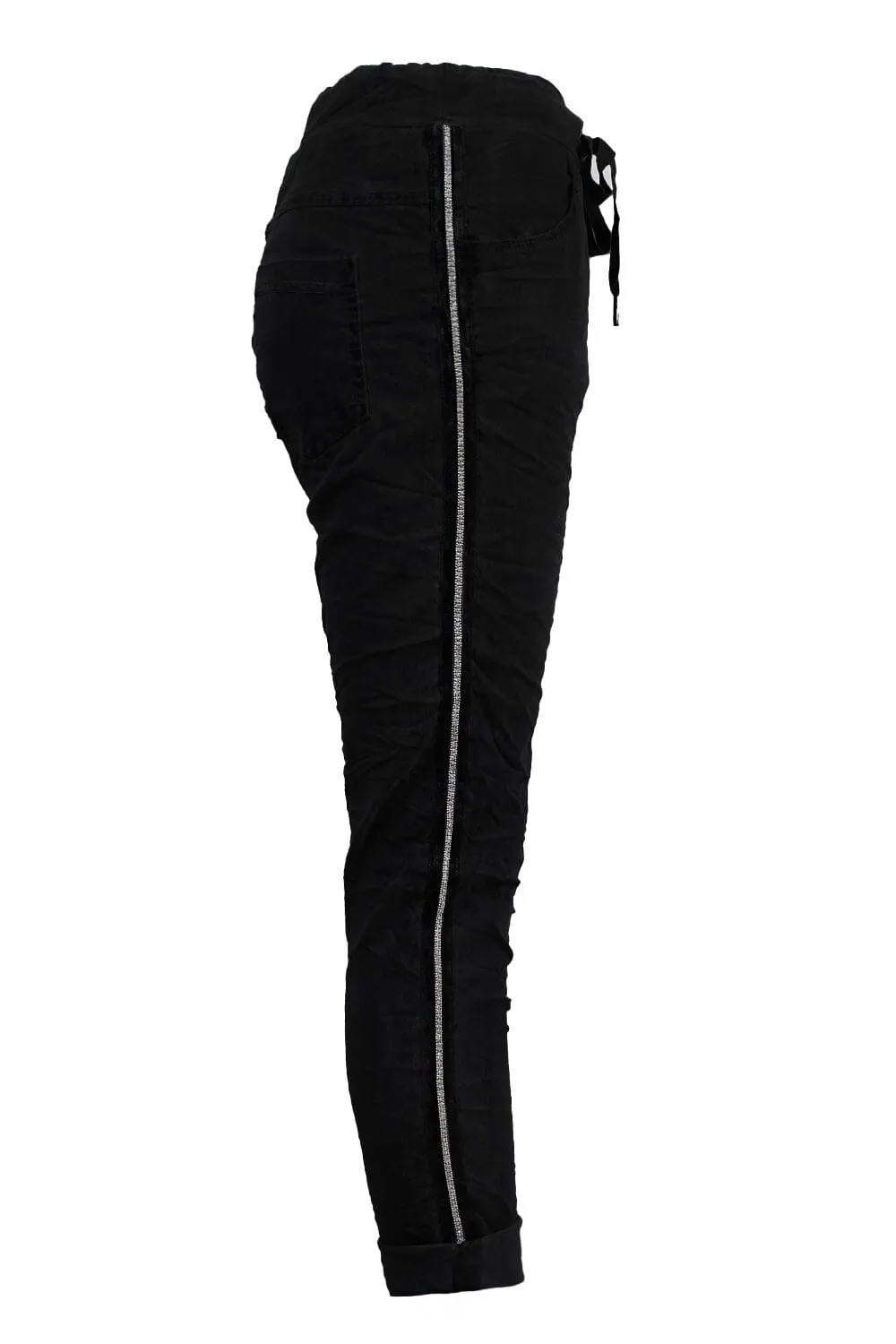 Rhinestone Side Stripe Crinkle Jogger Black