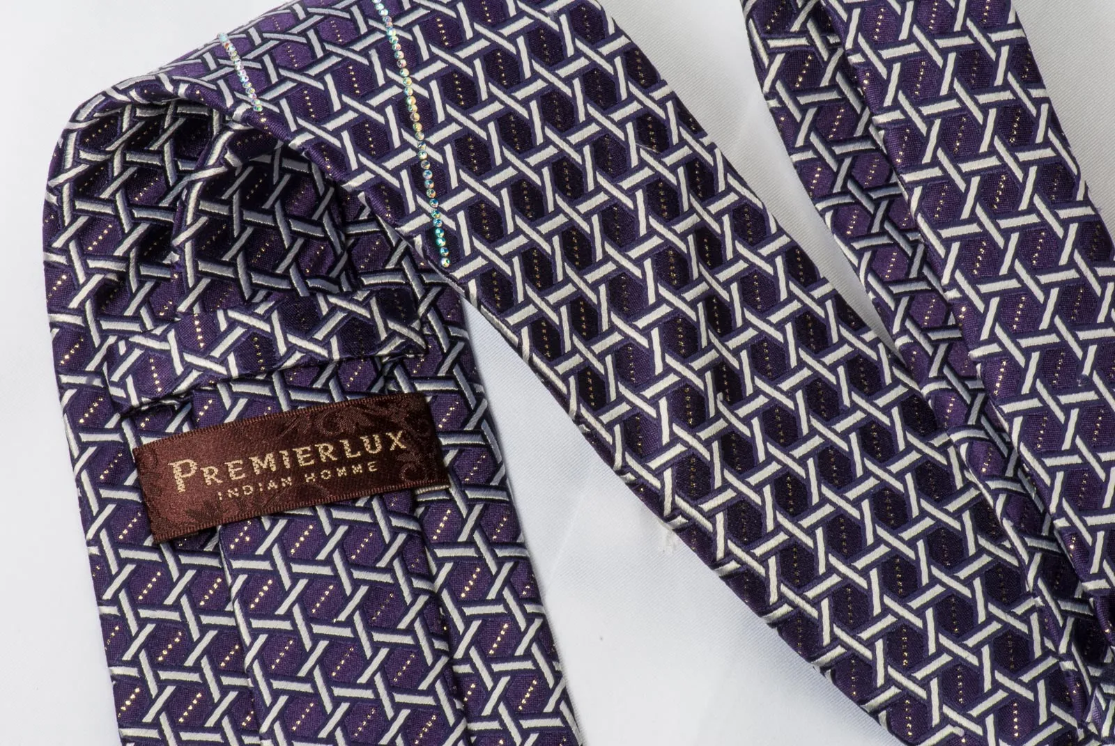 Rhinestone Silk Necktie By Premierlux Silver Lattice On Purple With Silver Sparkles