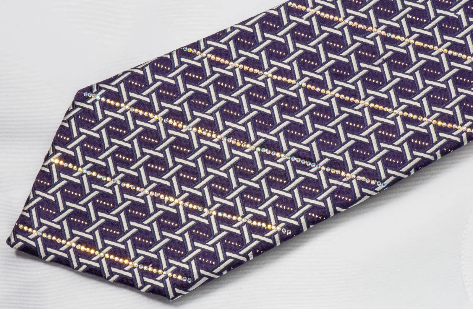 Rhinestone Silk Necktie By Premierlux Silver Lattice On Purple With Silver Sparkles