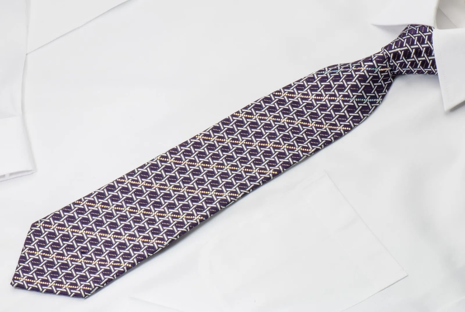 Rhinestone Silk Necktie By Premierlux Silver Lattice On Purple With Silver Sparkles