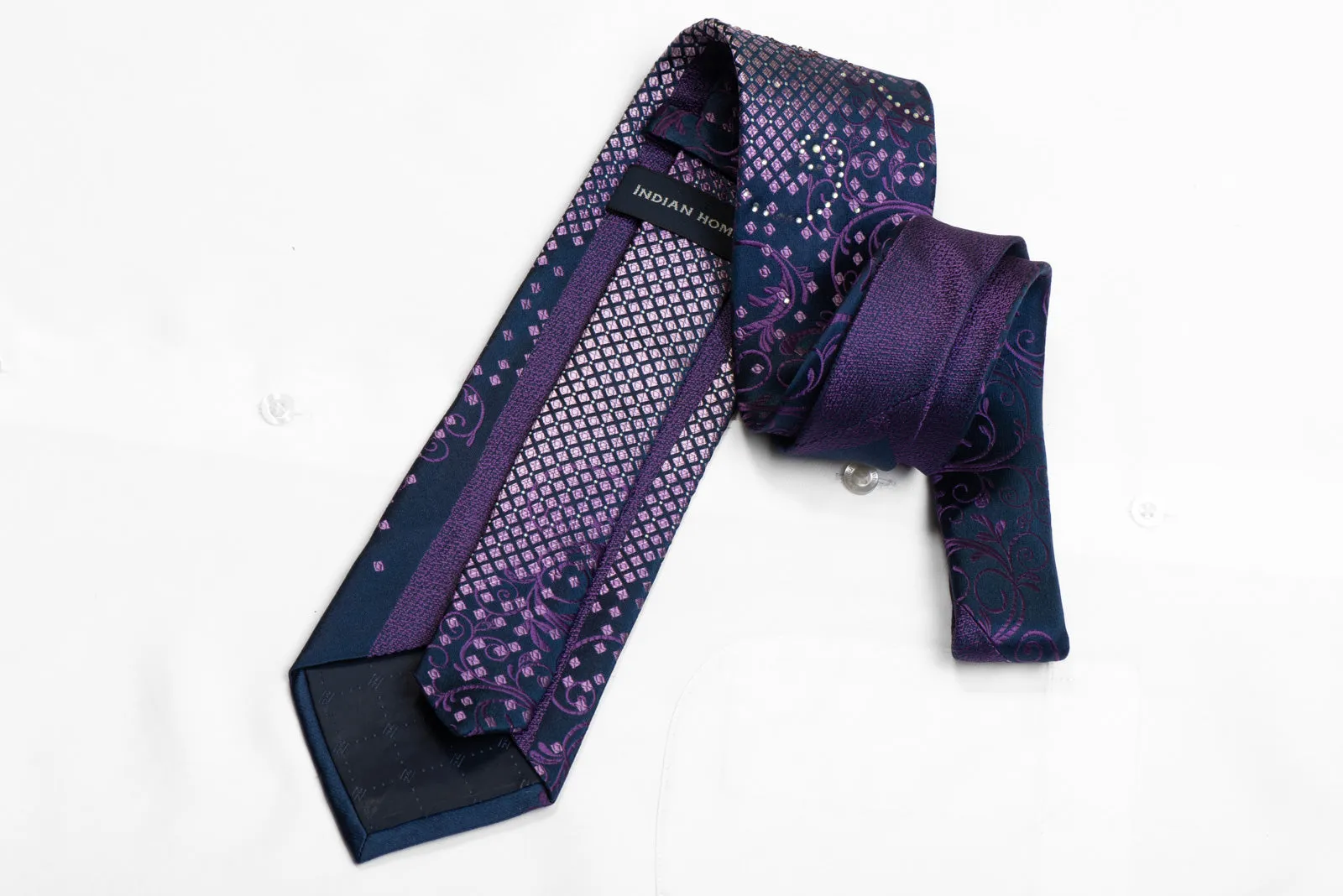 Rhinestone Silk Necktie Purple Scrolls On Geometric On Navy