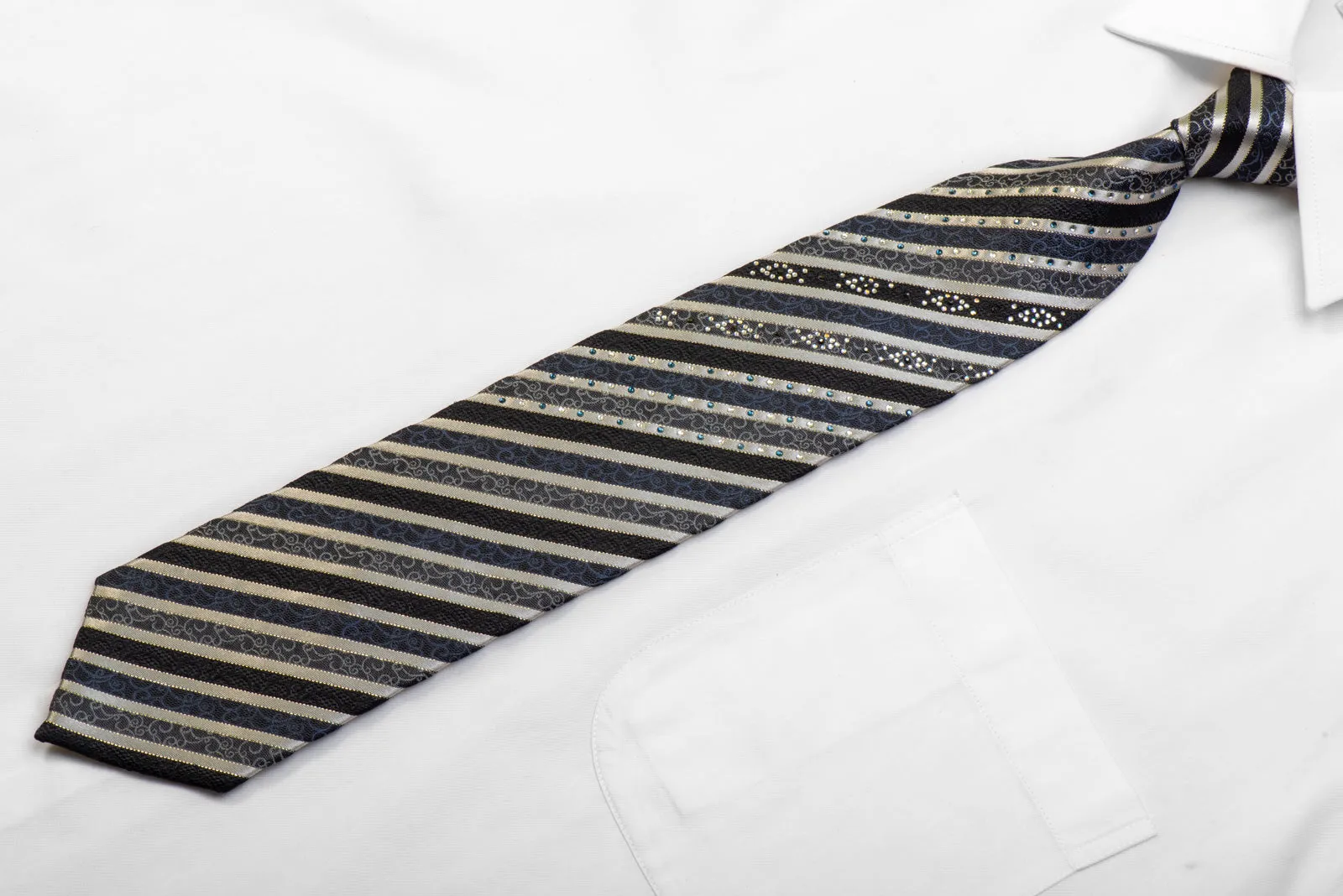 Rhinestone Silk Necktie Silver Black Striped With Silver Sparkles