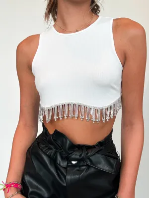 Rhinestone Sleeveless Crop Top- White