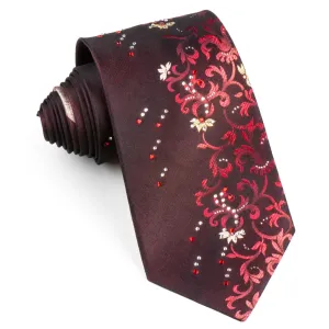 Rhinestone Tie By Grang Cia Red Floral Design On Brown Silk Classic 3 1/2 Inch