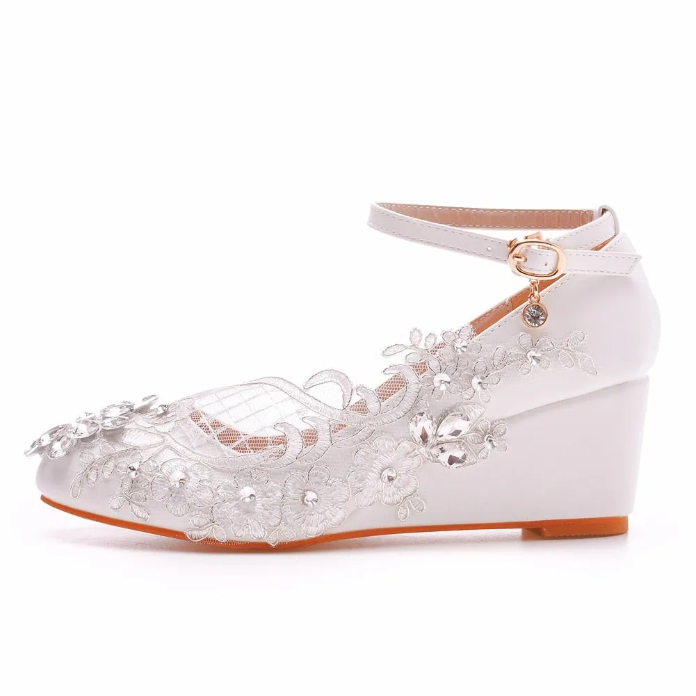 Rhinestone White Lace Wedding Shoes Wedges  Ankle Strap Party Dance Pumps